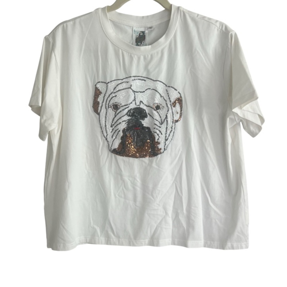 Queen of Sparkles Bulldog Sequin Short Sleeve T Shirt Women's Medium